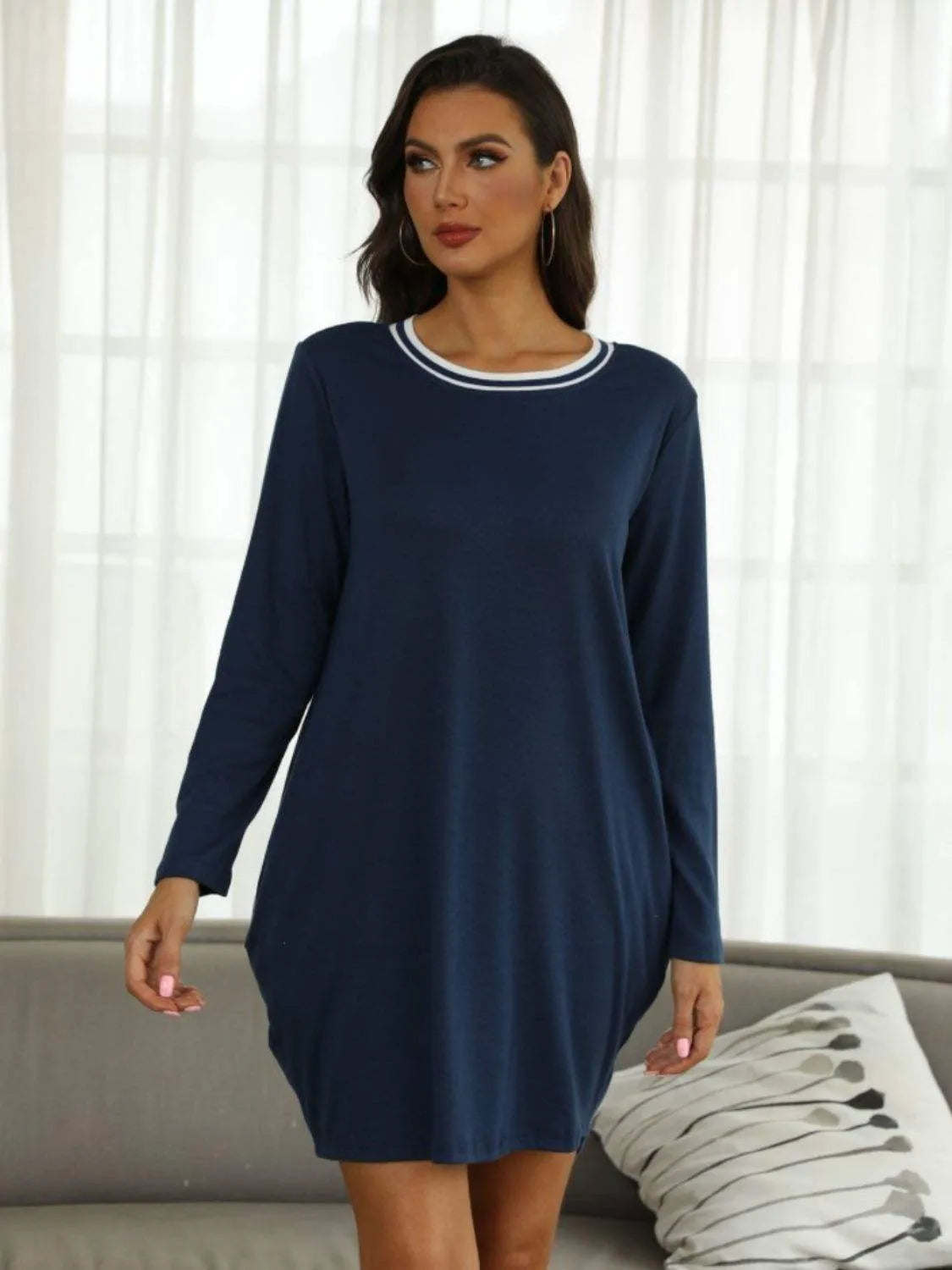 Contrast Round Neck Long Sleeve Lounge Dress Sleep Dresses - Tophatter Daily Deals